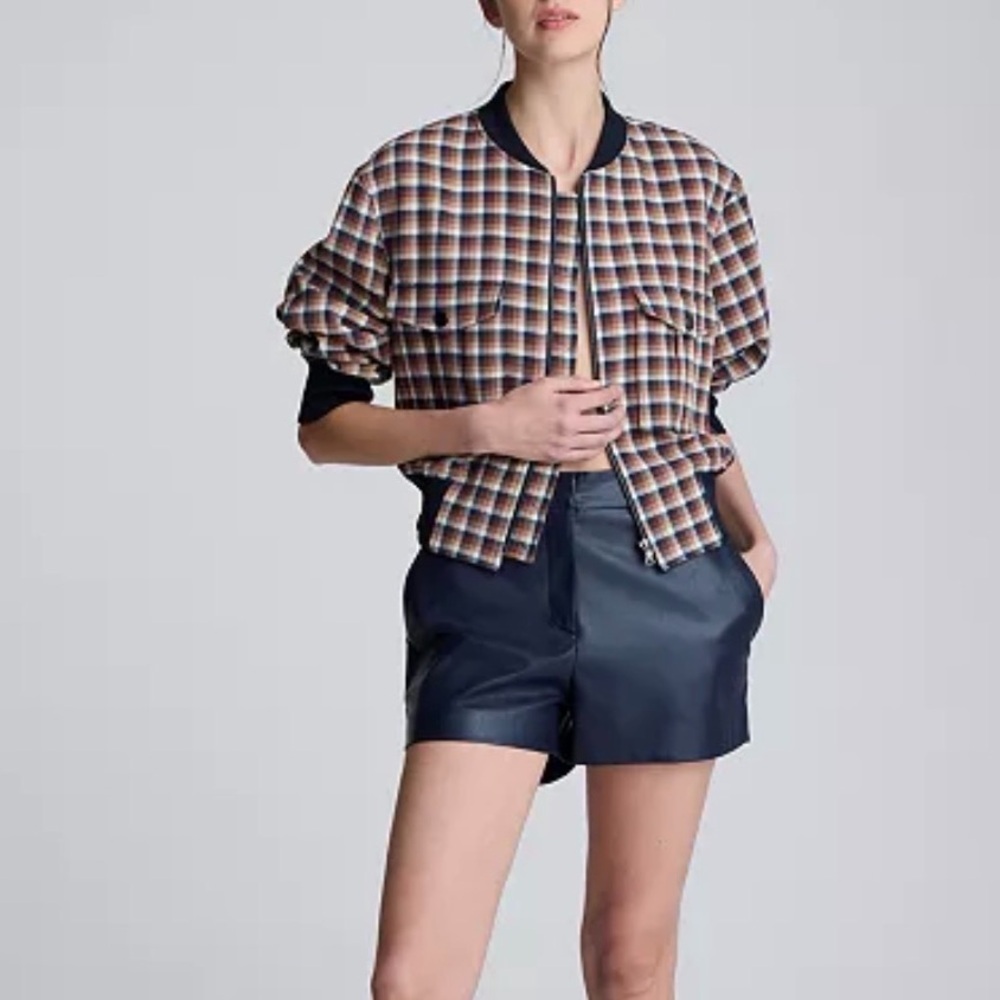 Kenneth‎ Cole Women's Chequered Cropped Bomber Jacket in Russet/Dark Navy Multi - Picture 2 of 13